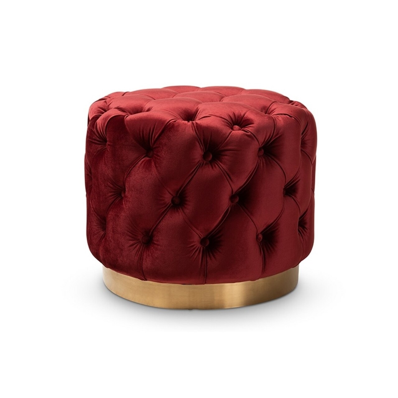 Baxton Studio Valeria Glam Burgundy Red Velvet Fabric Upholstered Gold-Finished Button Tufted Ottoman
